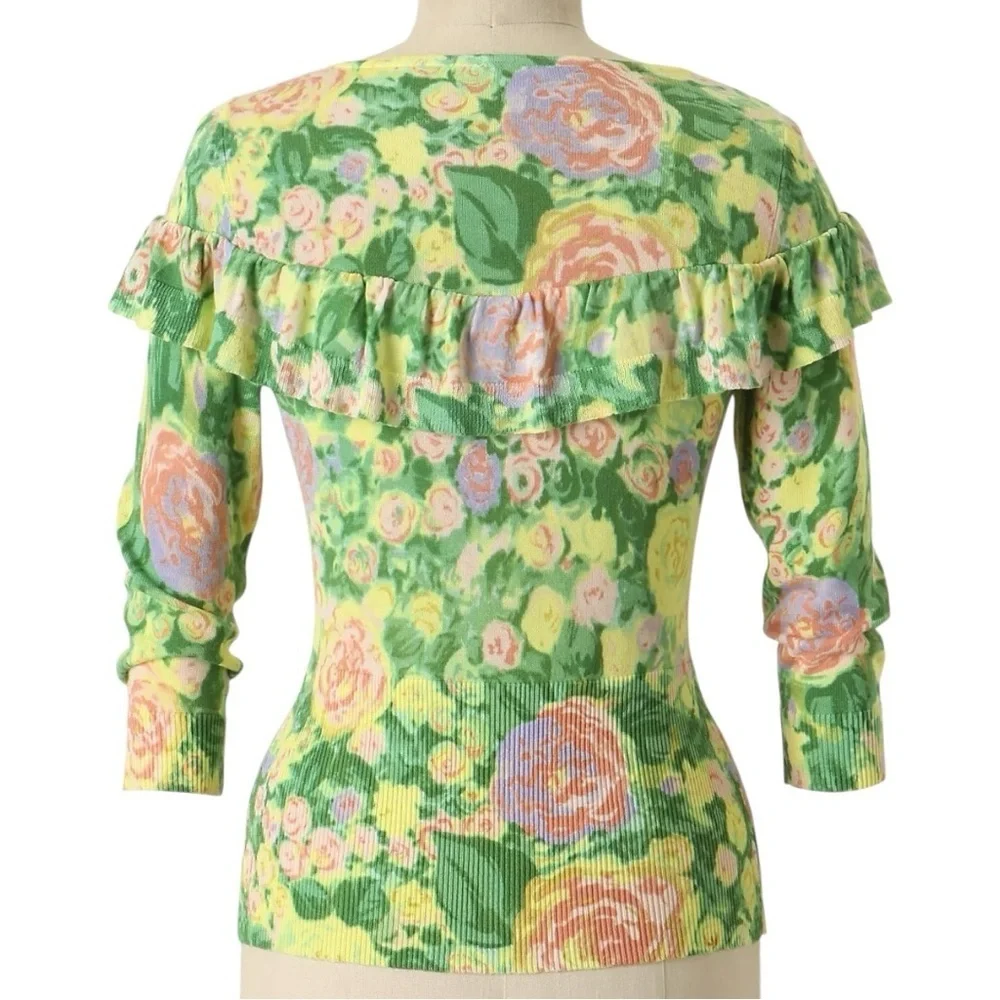 Anthropologie Yellow Bird Women’s S Colored Pencil Yellow Green Floral Cardigan - Picture 3 of 10